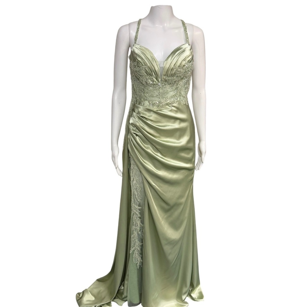 Wedding Dress Sage Green Beaded Satin Formal Evening Gown Side Slit Size 10